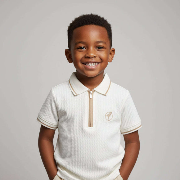 White Jacquard Tripping Collar Zip Placket Polo White Nawao.com