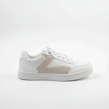 White Lace Up Trainer With Beige Overlay White Nawao.com