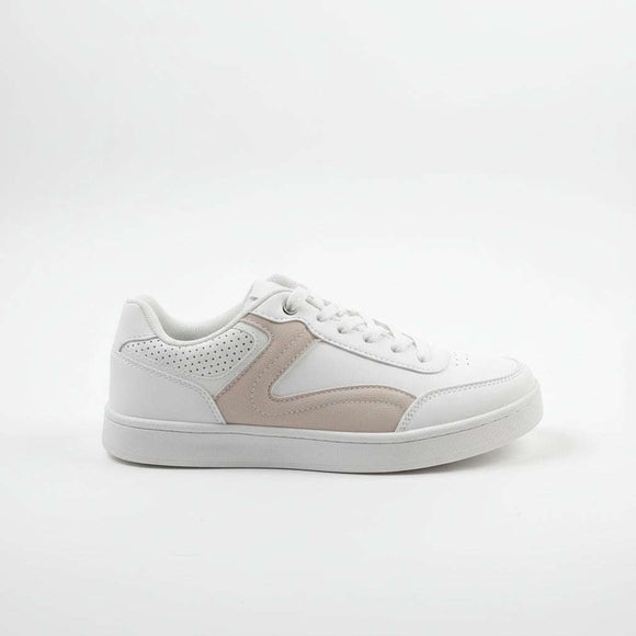 White Lace Up Trainer With Beige Overlay White Nawao.com