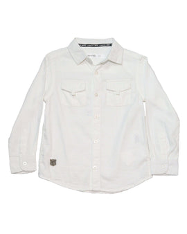 White Long Sleeve Double Pocket Dobby Shirt Nawao.com