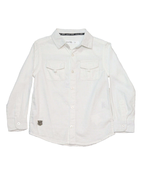 White Long Sleeve Double Pocket Dobby Shirt Nawao.com