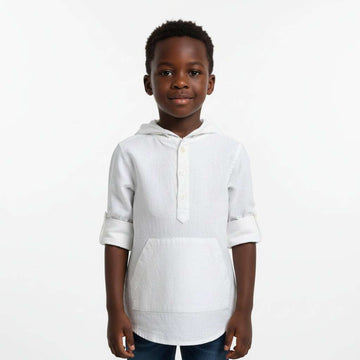 White Long Sleeve Hooded Linen Shirt White Nawao.com