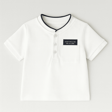 White Mandarin Pique Polo Nawao.com