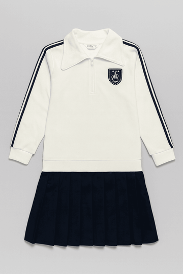 White Navy Pleated Twofer Collared Dress Nawao.com