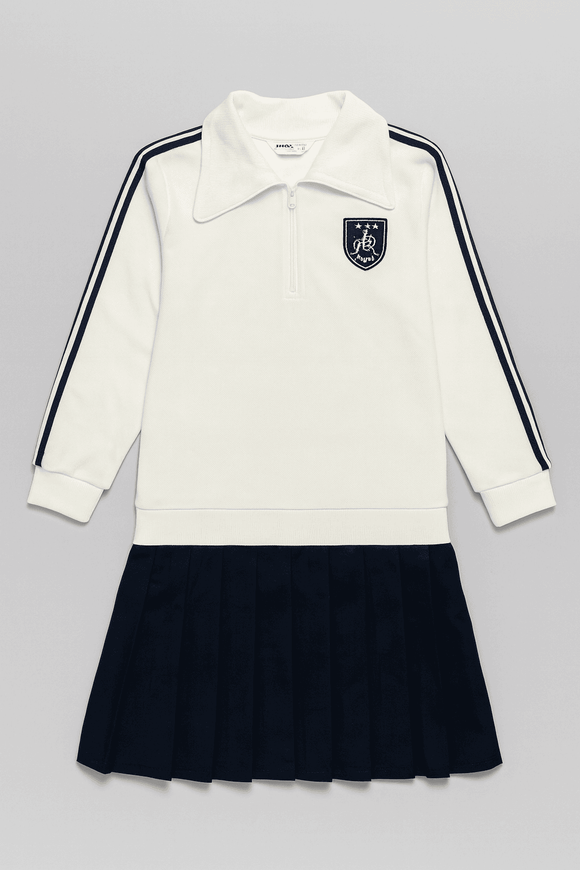 White Navy Pleated Twofer Collared Dress Nawao.com