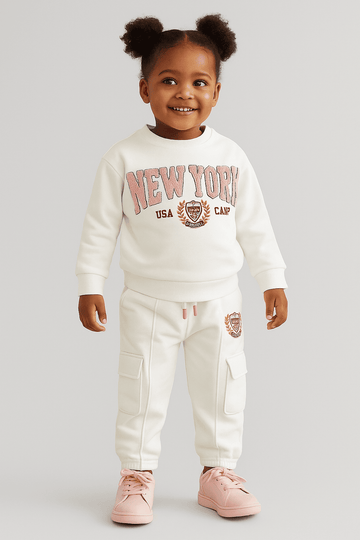 White Newyork Embroidery Casual Set White Nawao.com