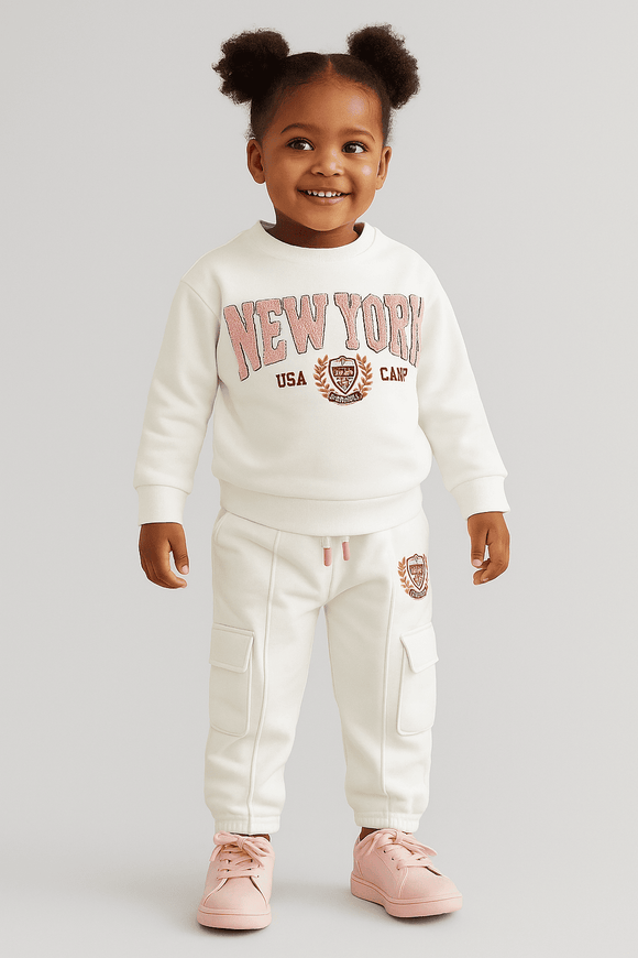 White Newyork Embroidery Casual Set White Nawao.com