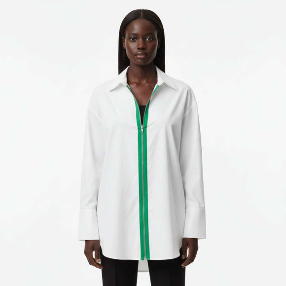 White Oversize Shirt Blouse With Contrast Zipper Nawao.com