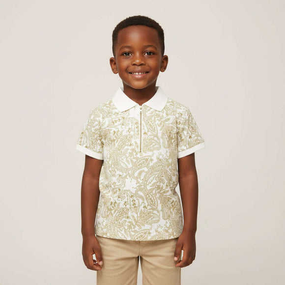 White Paisley Print Polo White Nawao.com