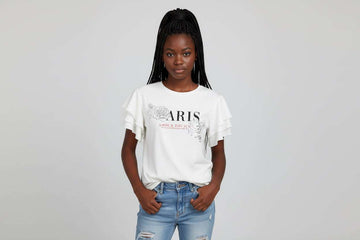 White Paris Ruffled Sleeve Top With Applique White Nawao.com