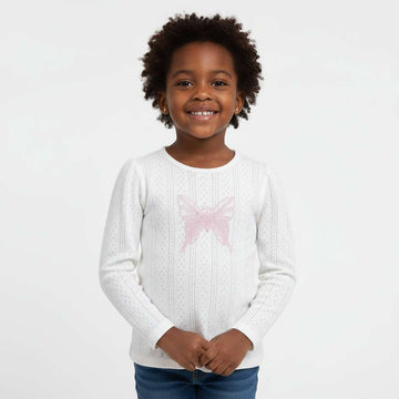 White Pointel Butterfly Patch Work L S T Shirt Nawao.com