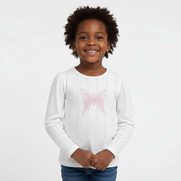 White Pointel Butterfly Patch Work L S T Shirt Nawao.com