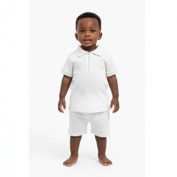 White Popcorn Polo And Short Set White Nawao.com