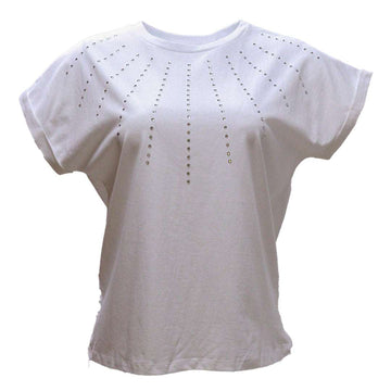 White Rolled Sleeves With Embellishement T Shirt Nawao.com