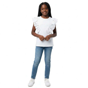White Ruffled Sleeve With Pearls  White Nawao.com