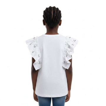 White Ruffled Sleeve With Pearls  White Nawao.com