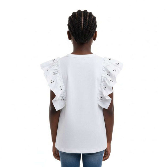 White Ruffled Sleeve With Pearls  White Nawao.com