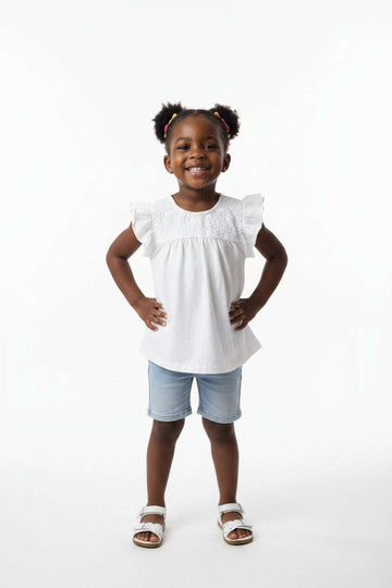 White Schiffli Yoke With Frill Sleeve Casual Jersey Top White Nawao.com