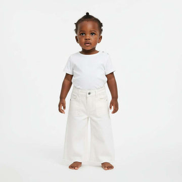White Solid 5 Pockets Wide Leg Jeans Nawao.com