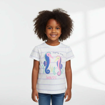 White Stripe Seahorse Placement Print H S T Shirt White Nawao.com