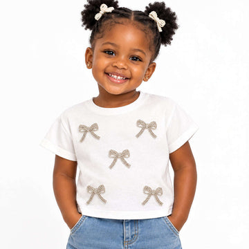 White T Shirt Stone Applique Bow Details White Nawao.com