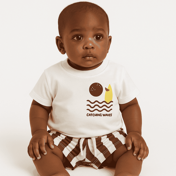 Whtie Tshirt With Brown Striped Shorts Set Nawao.com