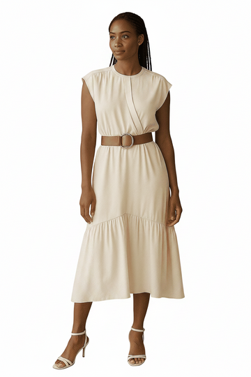 WRAP BELTED DRESS BEIGE Nawao.com