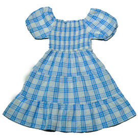 Yarn Dyed Seersucker Tiered Blue Dress Nawao.com