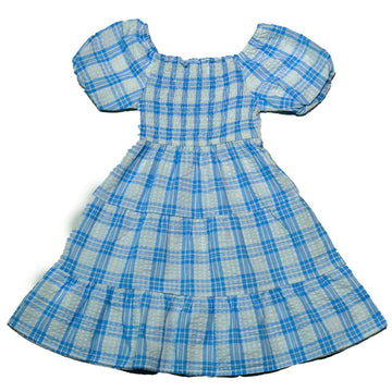 Yarn Dyed Seersucker Tiered Blue Dress Nawao.com