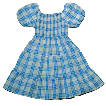 Yarn Dyed Seersucker Tiered Blue Dress Nawao.com