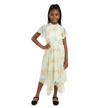 Yellow Floral Chiffon Handkerchief Hem Dress Assorted Nawao.com