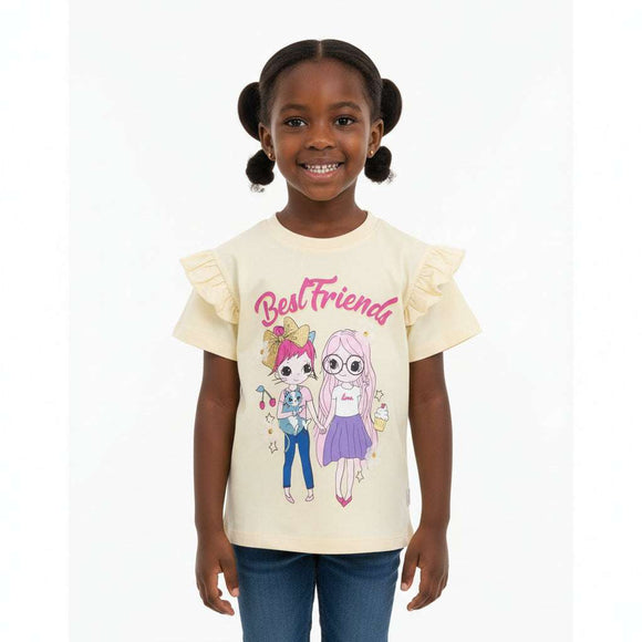 Yellow  Frill Sleeve   3D Embellishment T Shirt Yellow 2 3 Years Nawao.com