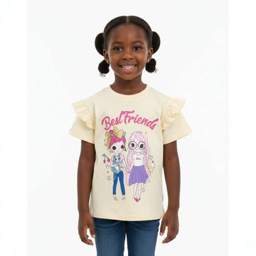 Yellow  Frill Sleeve   3D Embellishment T Shirt Yellow 2 3 Years Nawao.com