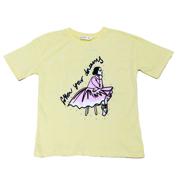 Yellow Girly Print Oversize Tee With Rhinestones Nawao.com