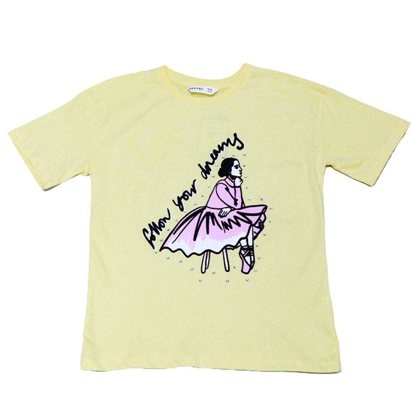 Yellow Girly Print Oversize Tee With Rhinestones Nawao.com