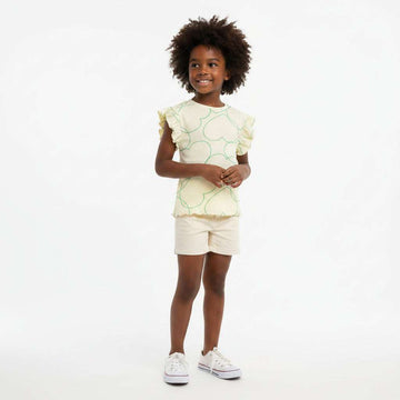 Yellow Heart Aop Rib Frill Sleeve T Shirt Yellow Nawao.com