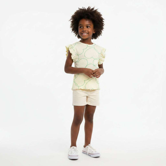 Yellow Heart Aop Rib Frill Sleeve T Shirt Yellow Nawao.com