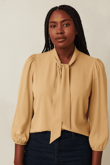 Yellow Textured Pussy Bow Blouse Nawao.com