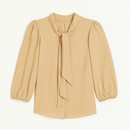 Yellow Textured Pussy Bow Blouse Nawao.com