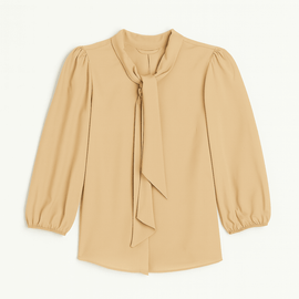 Yellow Textured Pussy Bow Blouse Nawao.com