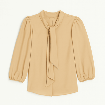 Yellow Textured Pussy Bow Blouse Nawao.com