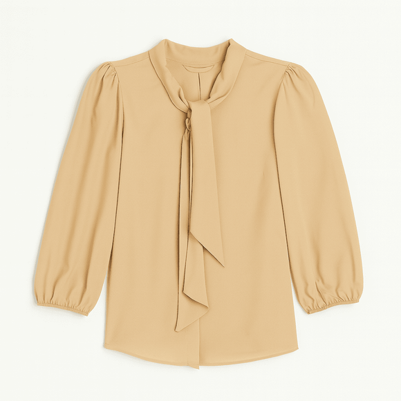 Yellow Textured Pussy Bow Blouse Nawao.com